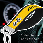 Custom Name Checkered Flag Car Black Yellow Wrist Keychain<br><div class="desc">A wrist keychain for racing fans and lovers of speed! This custom template features winning checkered flags, and is personalize with a name — the same design appears on both sides. A great gift for birthdays, holidays, Father's Day, Mother's Day and sports vehicle enthusiasts! Printed colors: yellow, black and white....</div>