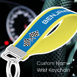 Custom Name Checkered Flag Car Blue Yellow Wrist Keychain<br><div class="desc">A wrist keychain for racing fans and lovers of speed! This custom template features winning checkered flags, and is personalize with a name — the same design appears on both sides. A great gift for birthdays, holidays, Father's Day, Mother's Day and sports vehicle enthusiasts! Printed colors: blue, yellow, black and...</div>