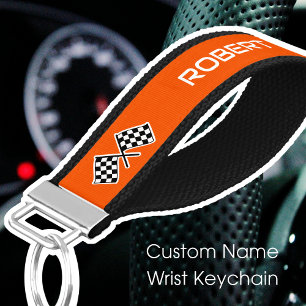 Custom Name Checkered Flag Car Orange Black Wrist Keychain