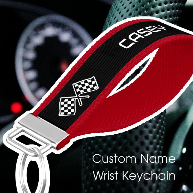 Custom Name Checkered Flag Car Red Black Wrist Keychain (Creator Uploaded)