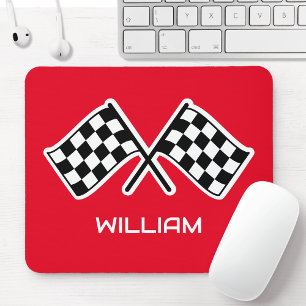Custom Name Checkered Flag Car Red Mouse Pad