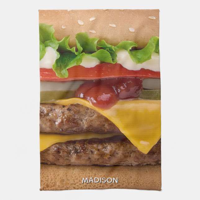 Custom Name Cheeseburger Kitchen Towel (Vertical)