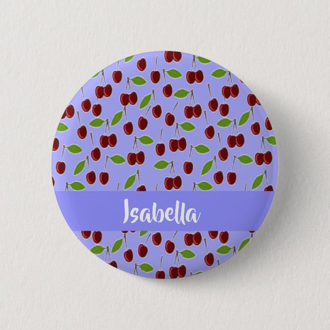 Custom name cherries pattern blue button (Front)
