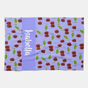 Custom name cherries pattern blue kitchen towel