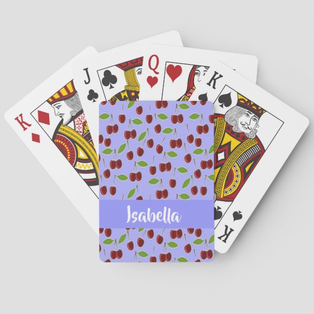 Custom name cherries pattern blue poker cards (Back)