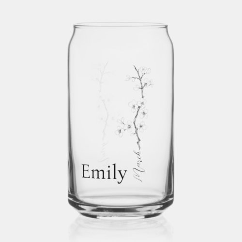 Custom Name Cherry Blossom March Birth Flower Can Glass