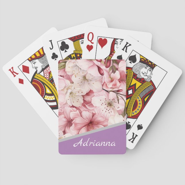 Custom Name Cherry Blossom Pink Garden Poker Cards (Back)