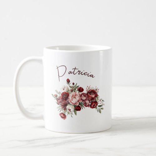 Custom Name Chic Burgundy Blush Pink Floral Coffee Mug
