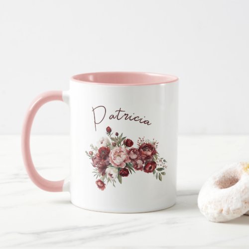 Custom Name Chic Burgundy Blush Pink Floral Mug