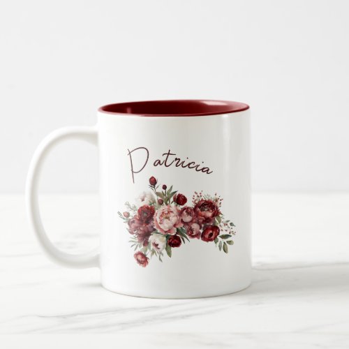 Custom Name Chic Burgundy Blush Pink Flowers Two_Tone Coffee Mug