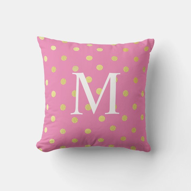 Custom Name Chic Faux Foil Leaf Gold Dots Pink Throw Pillow (Front)