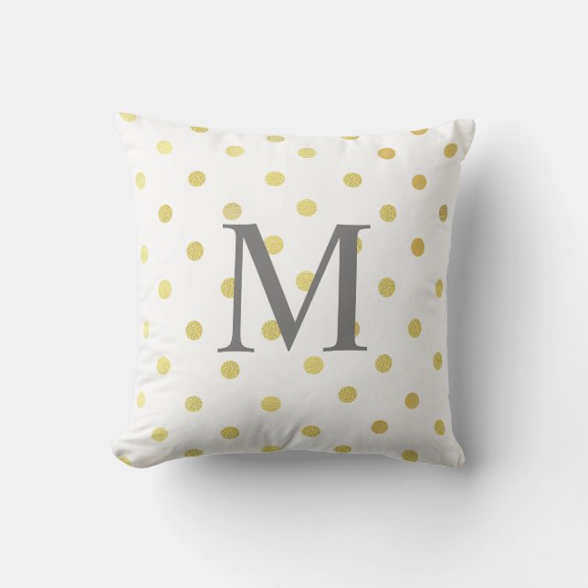 Custom Name Chic Faux Foil Leaf Gold Dots White Throw Pillow (Front)