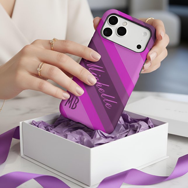 Custom Name Chic Pink & Purple Stripes Case-Mate iPhone Case (Creator Uploaded)