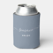 Custom Name Chic Script Wedding Bride Dusty Blue Can Cooler (Can Front)