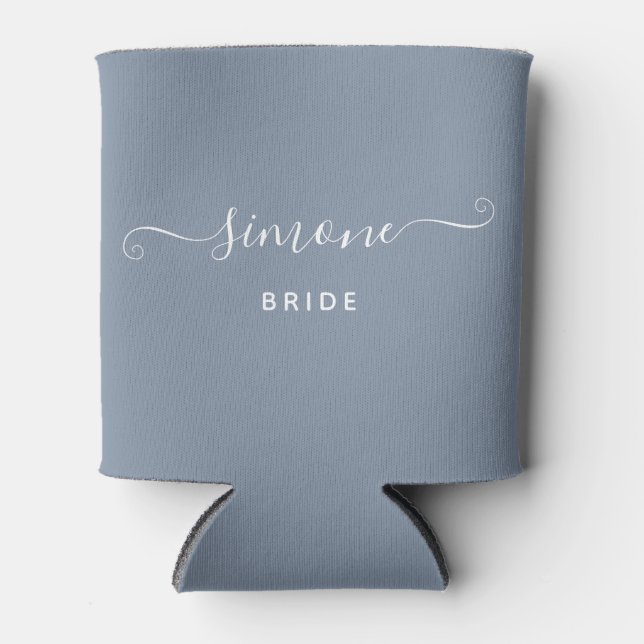 Custom Name Chic Script Wedding Bride Dusty Blue Can Cooler (Front)