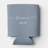 Custom Name Chic Script Wedding Bride Dusty Blue Can Cooler (Back)