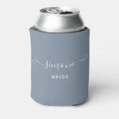 Custom Name Chic Script Wedding Bride Dusty Blue Can Cooler (Can Back)