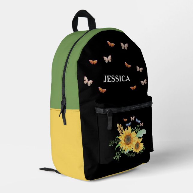 Custom Name Chic Sunflower And Butterfly Printed Backpack (Back Corner Left)