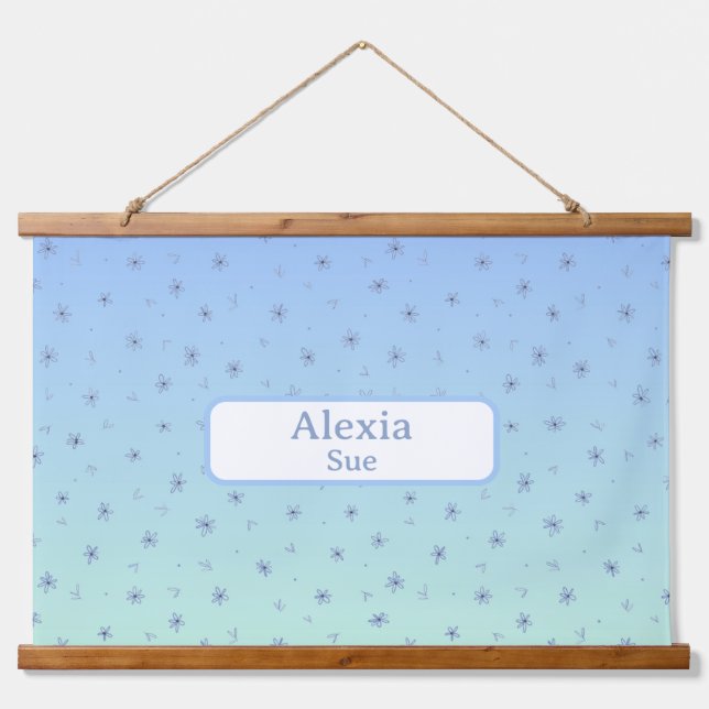 Custom Name Childs Room Decor Blues Flowers Hanging Tapestry (Front)