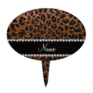 Custom name chocolate brown glitter leopard print cake topper