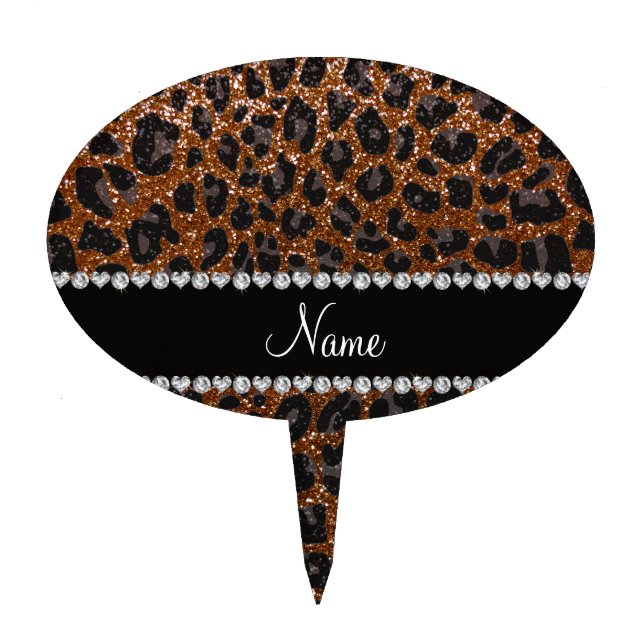 Custom name chocolate brown glitter leopard print cake topper (Front)