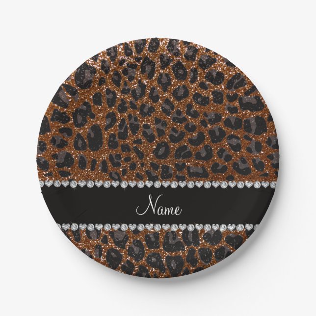Custom name chocolate brown glitter leopard print paper plates (Front)