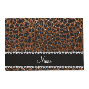 Custom name chocolate brown glitter leopard print placemat