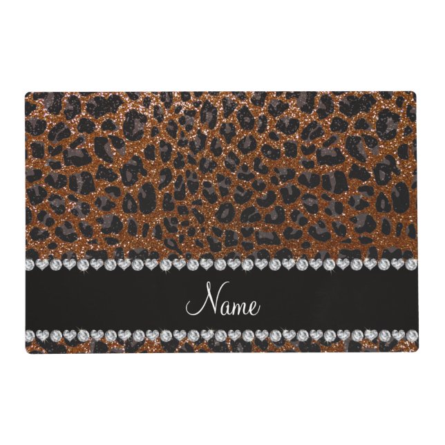 Custom name chocolate brown glitter leopard print placemat (Front)
