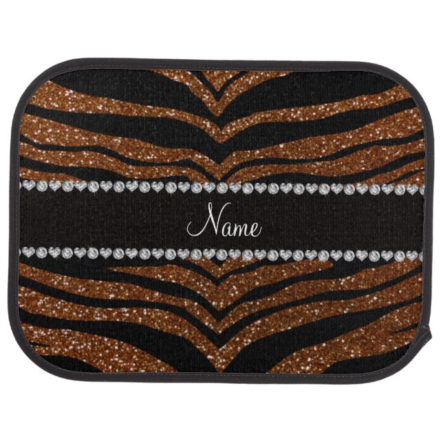 Custom name chocolate brown glitter tiger stripes car floor mat (Rear)