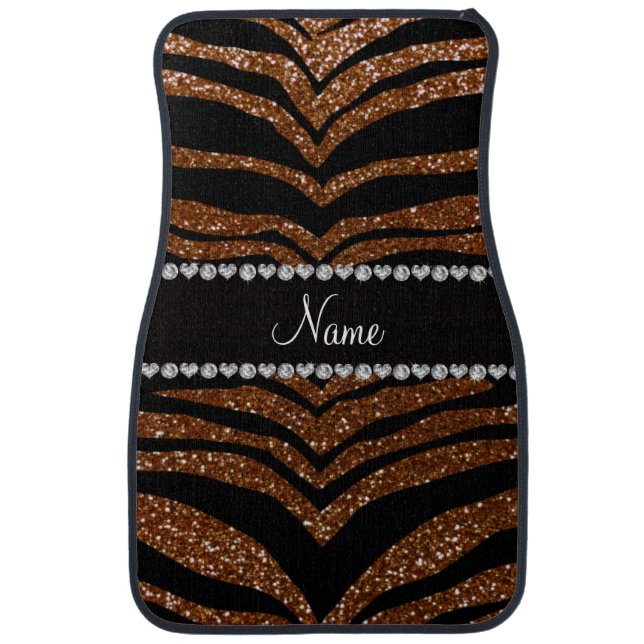 Custom name chocolate brown glitter tiger stripes car mat (Front)