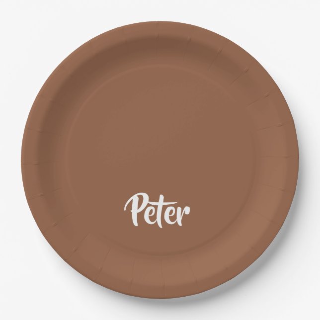 Custom name  chocolate brown plain paper plates (Front)