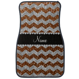 Custom name chocolate brown silver glitter chevron car floor mat