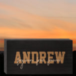 Custom Name Christian Bible Quote Modern Script  Wooden Box Sign<br><div class="desc">You can make your own personalized stylish name sign and add your custom short inspirational quote or Bible verse. This minimalistic tan on black in modern typography is a Christian faith quote, "forgiven. free. forever." This inspirational spiritual quote refers to the forgiveness and freedom we have through faith in Jesus...</div>