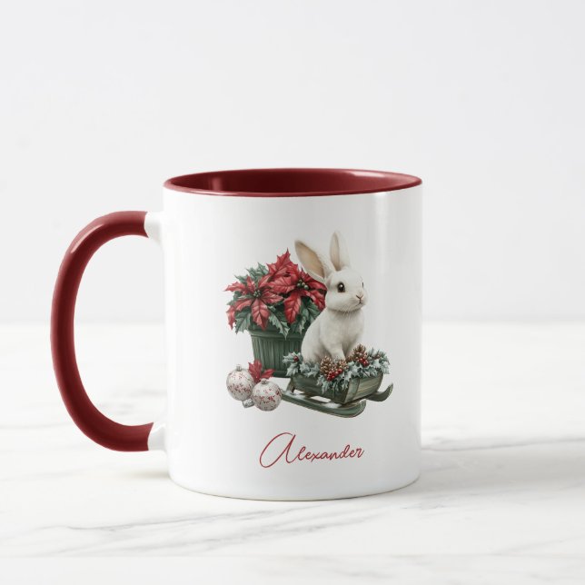 Custom Name Christmas Bunny Rabbit Red Poinsettia Mug (Left)