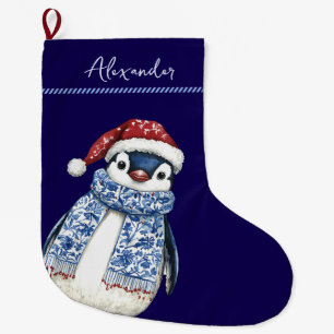 Custom Name Christmas Chinoiserie Penguin Large Christmas Stocking