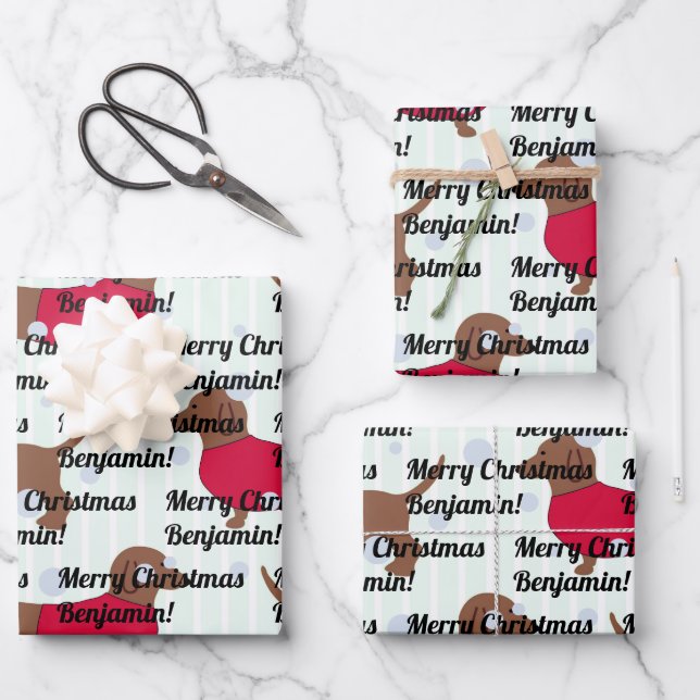 Custom Name Christmas Dachshund Dog (3 Sheets) Wrapping Paper Sheets (Front)