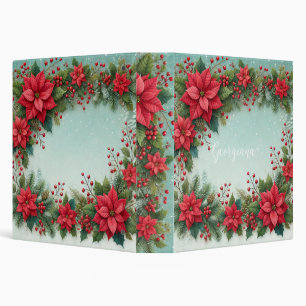 Custom Name Christmas Floral Watercolor Poinsettia 3 Ring Binder