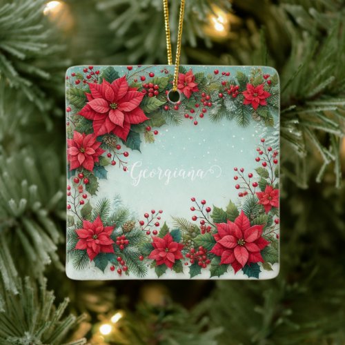 Custom Name Christmas Floral Watercolor Poinsettia Ceramic Ornament