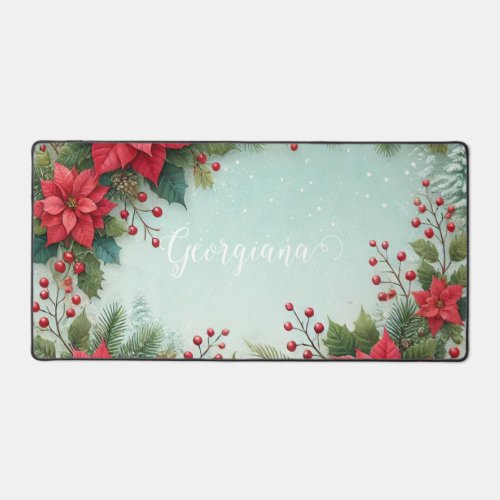 Custom Name Christmas Floral Watercolor Poinsettia Desk Mat