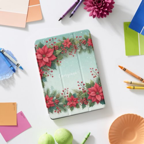 Custom Name Christmas Floral Watercolor Poinsettia iPad Pro Cover