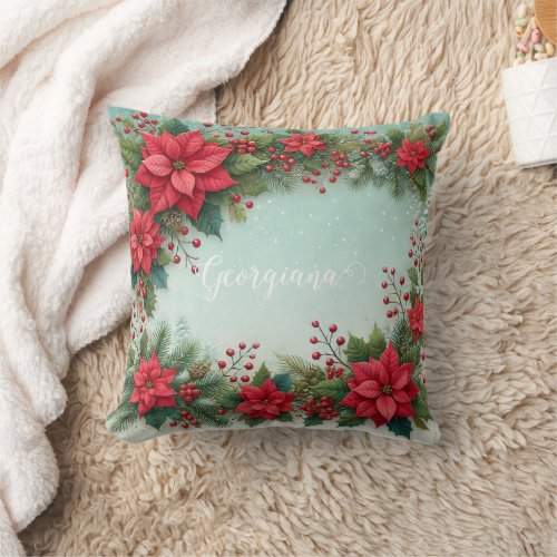 Custom Name Christmas Floral Watercolor Poinsettia Throw Pillow