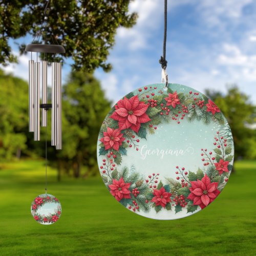 Custom Name Christmas Floral Watercolor Poinsettia Wind Chime