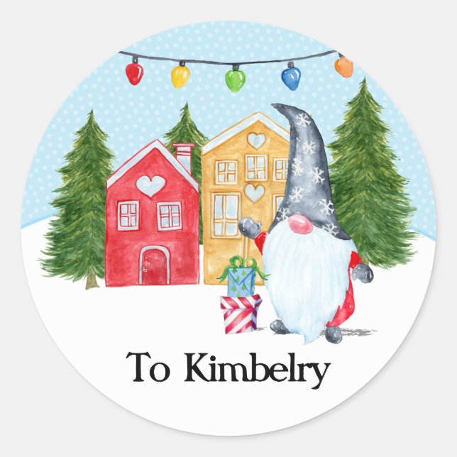 Custom Name Christmas Gnome Classic Round Sticker (Front)
