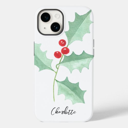 Custom Name Christmas Greenery  Red Berry Case_Mate iPhone 14 Case