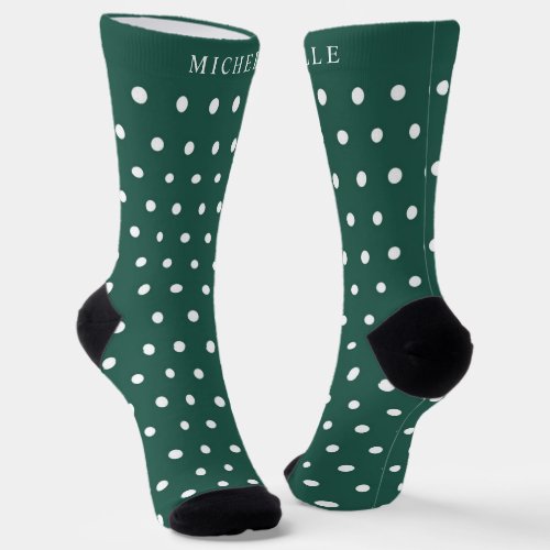 Custom Name Christmas Hunter Green Polka Dot Socks
