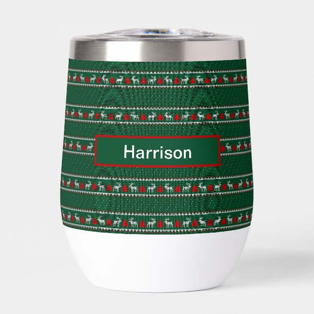 Custom name, Christmas Reindeer green pattern Thermal Wine Tumbler (Front)