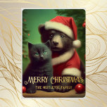 Custom Name Christmas Santa Bear and Kitten Foil Holiday Card<br><div class="desc">If you're looking for a classic Christmas card with a modern twist, this design could be perfect for you. This is my design of a black moon bear wearing a Santa suit and Santa hat with a cute black kitten. There is the traditional Christmas pine tree in the background. There...</div>