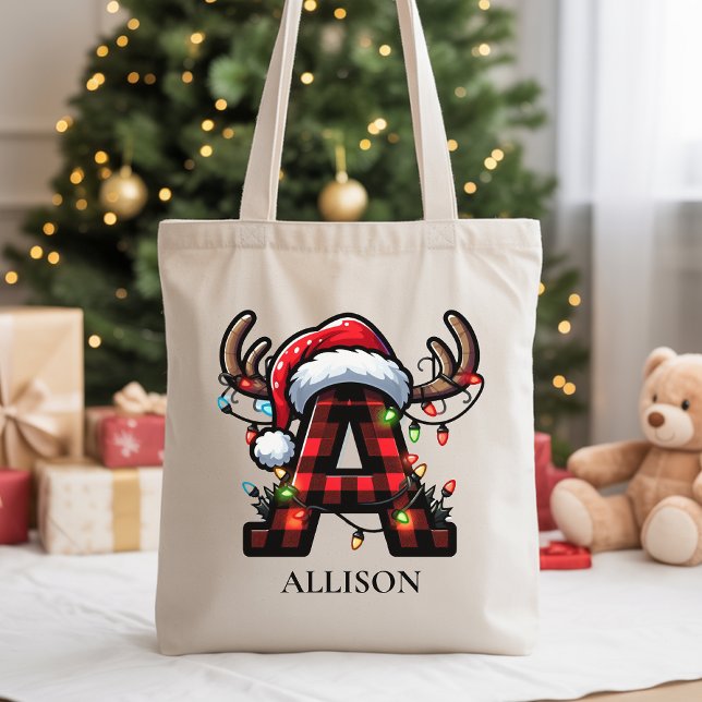 Custom Name Christmas Tote Gift for Secret Santa Bag (Monogram Christmas Tote – Personalized Gift for Her, Him, Employees & Holiday Parties)