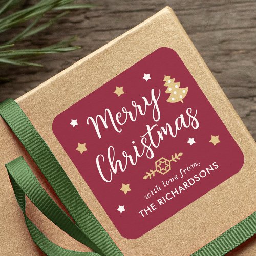 Custom Name Christmas Tree Burgundy Square Sticker