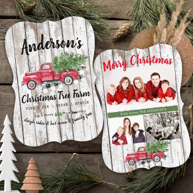 Custom Name Christmas Tree Farm 3 Photo Red Truck (Rustic Vintage Christmas tree Farm truck Card, Bracket, Personalized Family Name, Farmhouse Chic)